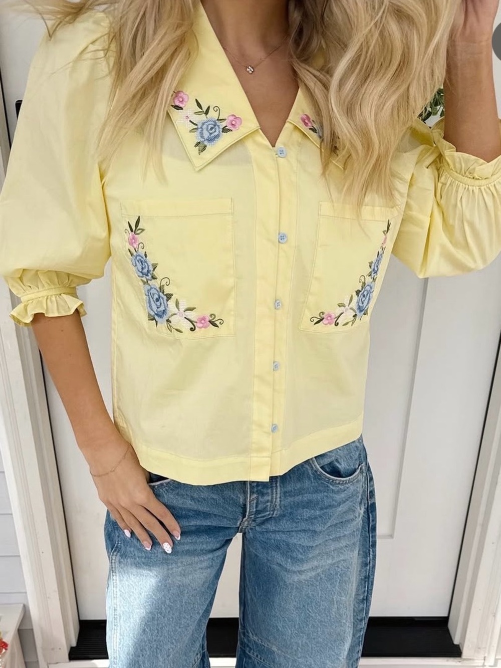 Altered State Butter Yellow Floral Embroidered Button Up Shirt Top Cottage Sz S